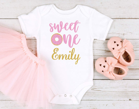 Sweet One Name with Glitter Gold, Baby Girl First Birthday Onesie® , First Birthday Shirt, 1st Birthday Outfit, One Birthday, Personalized