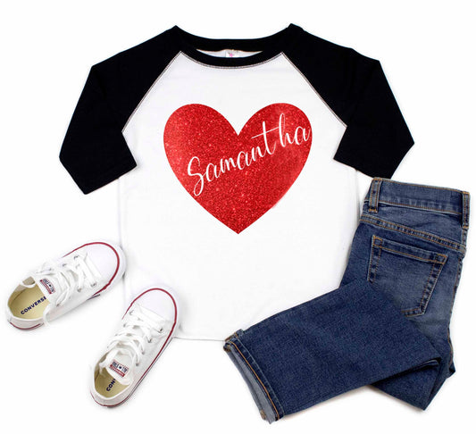 Girls Valentines Day Shirt, Personalized Valentine's T-shirt With Heart, Kid's Valentine T-shirt, Kid's Valentine's Gift, Glitter