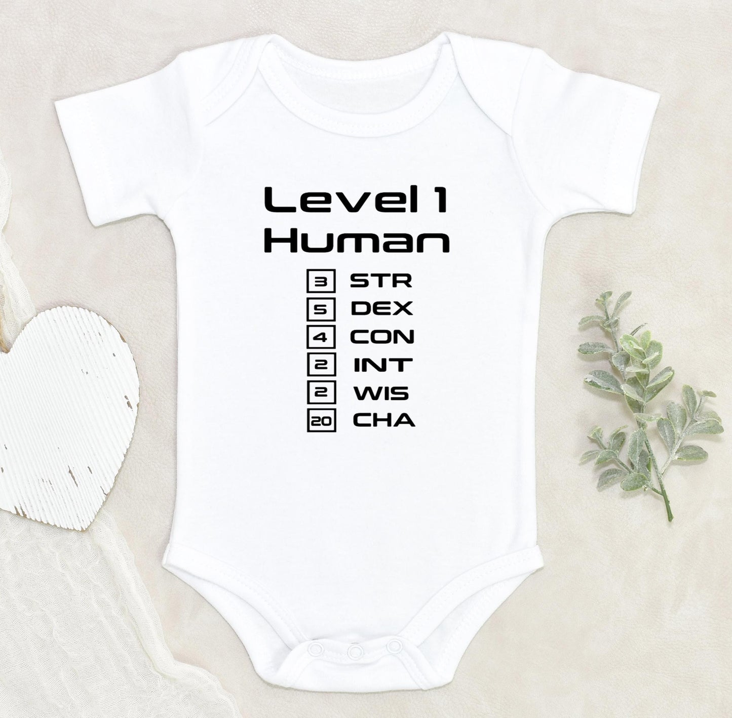 Level 1 Human Bodysuit, Gamer Baby, Dungeons and Dragons, Baby Bodysuit, Custom Bodysuit, Baby Bodysuit, Coming Home Outfit, Baby Shower